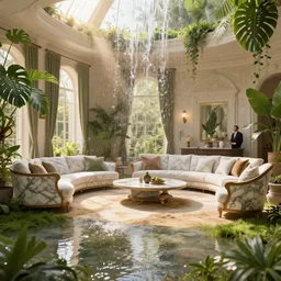 estate agent photo of a trendy living room of an old stately home, marble, antique furniture, unreal engine, overgrown with monstera, grass, sand, sun rays, flooded, waterfall, warm light, sparkling, glisten, beautiful, reflections, artstation