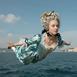portrait, Marie Antoinette flying over the sea. high detail, great lighting, 8k resolution, masterpiece, concept art, illustration