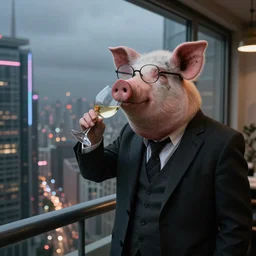 “a pig wearing a suit and glasses sips on a glass of wine in a high rise apartment overlooking a futuristic city, realistic 8k, gritty, surreal, atmospheric, moody, aged, dense”