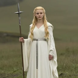 Film still, a fair young woman, tall and slender, showing grace and pride. She has long golden hair, and is wearing a white robe girt with silver, holding a 🗡, standing in the plains of Rohan, from the movie The Lord of the Rings: The Return of the King (2003)