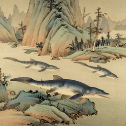 Plesiosaurs in Chinese landscape, Chinese Silk Painting style