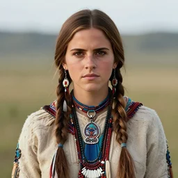 Photo of Native American indian woman Emma Watson, portrait, skilled warrior of the Apache, ancient, realistic, detailed, Emma Watson