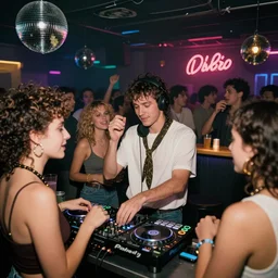 cavemen as dj and bartender in 8 0 s disco club. in crowded pub