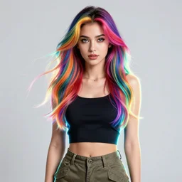 a award winning half body portrait of a beautiful woman with stunning eyes in a croptop and cargo pants with rainbow colored hair, outlined by whirling illuminated neon lines and fine lines swirling in circles by jesper ejsing, rhads, makoto, shinkai, lois van baarle, ilya kuvshinov, ossdraws, digital art, trending on artstation