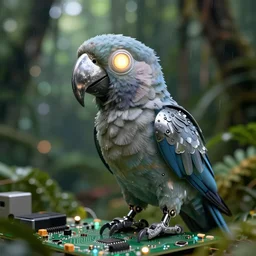 robot parrot bird with chrome beak and wings, rainforest, bokeh, led lights, electronics circuit board, grunge, glowing eye, sharp details, octane render