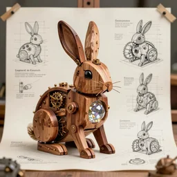 mechanical rabbit with a crystal inside, steampunk design, made of woods, by Leonardo da Vinci, drawn projects on paper, instructions to build it