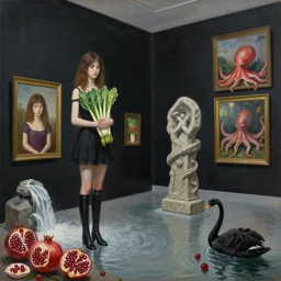 painting of flooded art gallery with paintings on black walls, tall emo girls holding courgettes, sydney, long black boots, pomegranates, octopus, waterfall, stone sculpture, zen, black swans, berries, surrealist, by magritte and monet