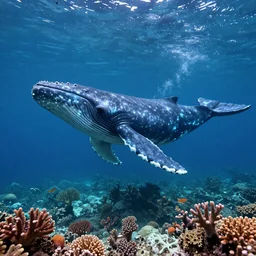 a huge whale with bioluminescent skin is swimming in the ocean near a colorful coral reef, underwater, epic, cinematic shot, volumetric light, atmosphere, high definition