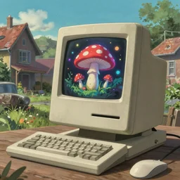 A realistic painting of a vintage Apple Macintosh computer, with a psychedelic mushroom on the screen, in a post apocalyptic suburb, daytime, ghibli, unreal 5, DAZ, hyperrealistic, octane render, RPG portrait, dynamic lighting