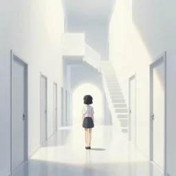 a slimegirl in a bright white hallway with many doors and many stairs, Mc Escher architecture, epic composition, by Makoto Shinkai