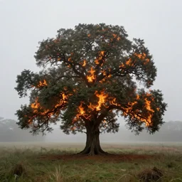 a flaming oak tree in an open field with fog, horror, ultrarealism, 8k