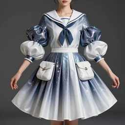 designer figure collection ball shaped accordion sleeve haute couture, sailor uniform, midi skirt, coated pleats, synthetic curves striking pose, dynamic folds, cute huge pockets hardware, volume flutter, young, modeled by modern designer bust, fit body, award fashion, stardust gradient scheme, light holographic tones, expert composition, high detail, professional retouch, editorial photography