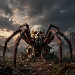 giant skull spider house atrocity with bright glowing eyes at dusk, pc boxart