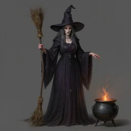 Full body Portrait of gorgeous old Witch, with dark grey hair, pale skin, red eyes, classical witch robe, magic broom, pointy witch hat, visible face, magical cauldron, D&D, DND, extremely detailed, detailed face, modest, high fantasy, matte painting, by artgerm and Craig Mullins, James Jean and Clyde Caldwell, trending on artstation artstationHD, artstationHQ, cgsociety, HD 16K, octane