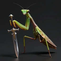 portrait of green anthropomorphic mantis religiosa ; hard predatory look ; d & d rogue ; brown exoskeleton ; brown skin ; powerful front forelegs holding an enchanted dagger ; flat triangle - shaped head with thin thread - like antennae ; concept art ; artstation ; 8 k ; wallpapers ; heavy contrast ; cinematic art ; cgsociety ; art by greg rutkowski and artgerm