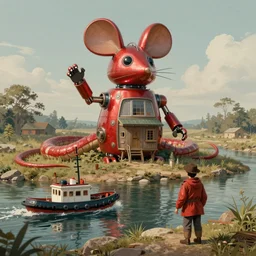 adventurer ( ( ( ( ( 1 9 5 0 s retro future robot android mouse large house boa rvt tug boat calm stream. muted colors. ) ) ) ) ) by jean baptiste monge!!!!!!!!!!!!!!!!!!!!!!!!! chrome red