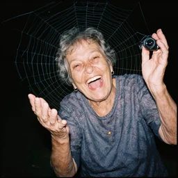 grandmother trapped in a spider web, laughs exaggeratedly, fujifilm velvia 5 0, camera flash on