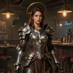 hyper detailed ultra sharp full body character portrait of a woman wearing halo armor standing in a destroyed dive bar, with a realistically proportioned face, cinematic lighting, good value control, smooth, realistic shading, realistic face details, smooth, highly detailed, digital painting, painted texture maps, illustration, concept art, painted texture maps, substance painter