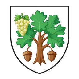 coat of arms with white wine grapes and quercus robur english oak acorns symbols, highly detailed, digital painting, trending on artstation, concept art, sharp focus, illustration, art by artgerm and greg rutkowski and magali villeneuve, casey baugh, by rembrandt, mandelbulb 3 d, turquoise rust, stained glass