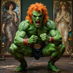 chris farley with green skin and orange body hair as blanka from street fighter, squatting and screaming, ultra realistic, concept art, intricate details, eerie, highly detailed, photorealistic, octane render, 8 k, unreal engine. art by artgerm and greg rutkowski and magali villeneuve and alphonse mucha