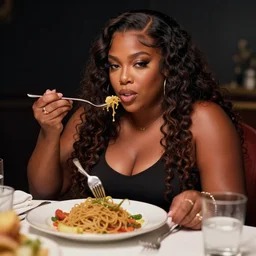 lizzo eating dinner, character sheet, character design, contrast, deep focus, turnaround, highly detailed, dramatic lighting, digital painting, artstation, concept art, matte, sharp focus, illustration, elegant, art by artgerm and greg f and alphonse mucha.