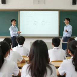 a group of five students presenting in front of classroom, very detailed face