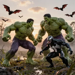 Marvel Comics The Psycho Juggernaut Battles The Biomechanical Hulk and Venom In A Misty Swamp, bats, sunset, volumetric lighting, hyperrealistic, beautiful details, HDR, octane render, action shot, wide angle, bokeh, Yasushi Niarasawa Moebius Jim Steranko Style