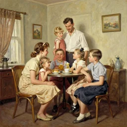 1950s Americana, domestic scene, family, romantic, inviting, cozy, painting Vladimir Volegov