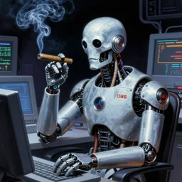 An android smoking a cigar in a cyberpunk setting by Frank Frazetta, Trending on Artstation, 1980s computer graphics,