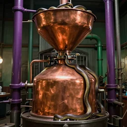 a super high resolution film still of machine apparatus for making snake oil, huge copper machine fed by a hopper of snakes, purple and green pipework, directed by denis villeneuve, 8 k, snake machine, cinematic lighting