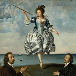 Marie Antoinette levitating over the seas. By El Greco, Remedios Varo, Salvador Dali, Carl Gustav Carus, John Atkinson Grimshaw. Award winning, trending on artstation, masterpiece, highly detailed.