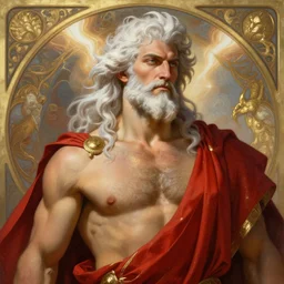 painted portrait of rugged zeus, god of thunder, greek god, white hair, masculine, mature, handsome, upper body, red and gold, sensual alluring, muscular, hairy torso, fantasy, intricate, elegant, highly detailed, digital painting, artstation, concept art, smooth, sharp focus, illustration, art by gaston bussiere and alphonse mucha