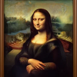 distopian mona lisa, mysterious oil painting, warm colours, hyperdetailed, romantic period, sunset, thunderstorm, sea with turbulent water