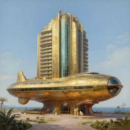 the atlantis paradise, a retro futuristic spaceship made of brass bronze gold, art deco influence, hotel style design. beautiful clear well composed painting by artgerm and greg rutkowski.