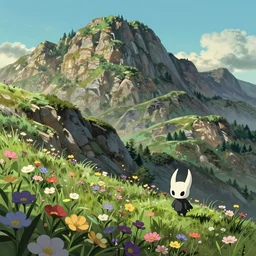 side view mountain landscape with flowers, studio ghibli, pixar and disney animation, sharp, rendered in unreal engine 5, highly detailed, digital painting, artstation, concept art, smooth, sharp focus, illustration, wide angle, artbook, wallpaper, splash art, hollow knight, promo art, dramatic lighting, art by artgerm and greg rutkowski and bo chen and jin xiaodi