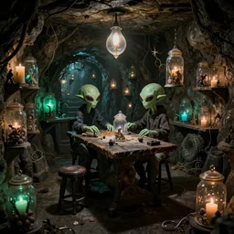 lovecraftian secret cellar with aliens in jars and operating table