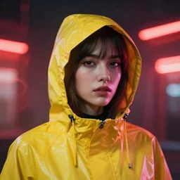 A hyper realistic and detailed head portrait photography of a woman wearing a futuristic yellow raincoat with hoodie. Neo noir style. Cinematic. Swirly bokeh. Red neon lights and glow in the background. Lens flare.