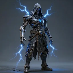 character design, biomechanical arcanist, tattered hood, blue lightning, scary, arrogant, unreal engine, photorealistic, cinematic, hyper realistic, octane render, 8 k, wide angle