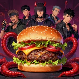 cyberpunk burger, red demonic worms, extremely detailed, sharp focus, wide view, digital illustration, by james jean, by rossdraws, frank franzzeta, mcbess, sakimichan