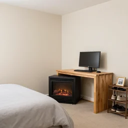 simple bedroom, fireplace in corner, timber desk with a pc atop of it to the right of the fireplace, queen size bed to the left of the fireplace. to the right of the desk, there is a shoe rack with shoes on it, photo, realistic, real estate