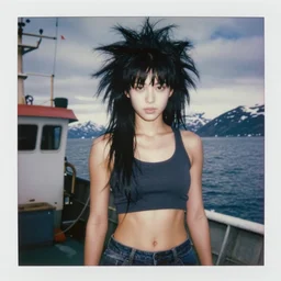 black - haired girl with wild spiky black saiyan hair with long bangs over her eyes, hair bangs down to nose, muscular. wearing casual clothing, standing on an alaskan fishing vessel, mekoryuk, alaska, 1 9 6 5, polaroid, kodachrome, grainy photograph