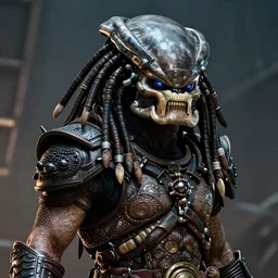 A frontal portrait of The Predator with dreadlocks,  by dreadjim, Greg Rutkowski, james gurney, epic scifi character art, Exquisite detail, post-processing, low angle view, masterpiece, cinematic