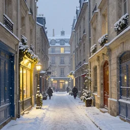 an alley in paris in winter, snowing, christmas night, 1 9 1 0, by thomas kinkade