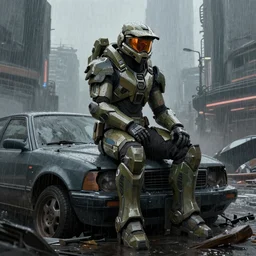character portrait of a woman in halo spartan mjolnir armor sitting on top of a broken car in a desolate cyberpunk wasteland city, 8 k, realistic shading, concept art, digital painting, illustration, matte painting, moody lighting, sharp focus, minimal artifacts, wet, octane render, halo infinite, heavy rain, rainstorm