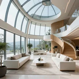 A futuristic living room with floor to ceiling glass windows on the left and curved wooden stairs going upstairs on the right, two white sofas with a white marble table in the center of the living room, stairs to the second floor, in a large glass dome, 8k resolution, professional interior design photograph, wide angle photograph