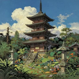 The abandoned wizard\'s tower in the overgrown garden. Japanese manuscrript painting.