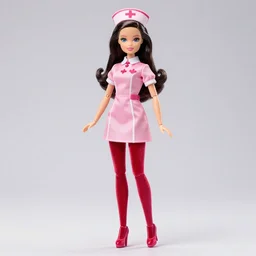 anime barbie doll, in red velvet stockings, a nurse's dress, full length, heels on her feet
