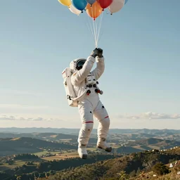 concept art of an astronaut floating up grabbing balloon threads, over a beautiful landascape, photography, artstation, 4 k