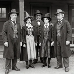 photograph from 1902 of Halloween trick or treaters wearing Universal Monsters costumes, highly detailed, vintage film