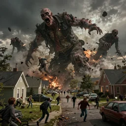 giant zombies!! falling into and exploding suburban buildings and cars, people running and screaming in terror, dim volumetric lighting, 8 k octane beautifully detailed render, extremely detailed, epic composition, natural disaster, cinematic lighting, masterpiece, trending on artstation, detailed detailed detailed, stunning art by anders zorn, wonderful masterpiece by greg rutkowski, beautiful cinematic light, american romanticism by greg manchess, jessica rossier